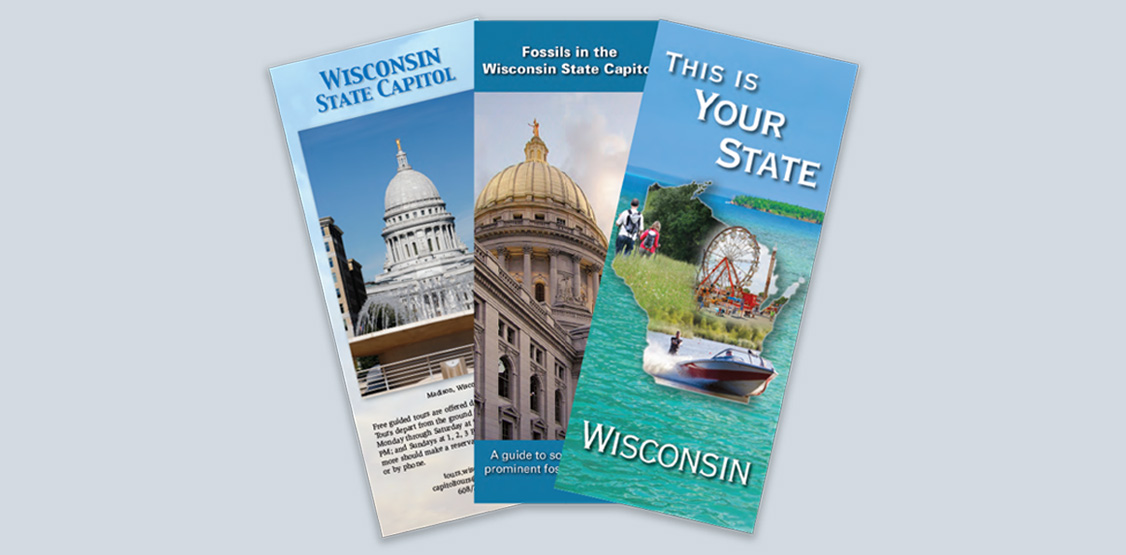 An assortment of brochures made for the Wisconsin State Capitol